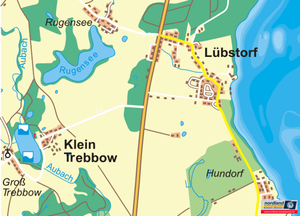 Landkarte von Rugensee mit Klein Trebbow und Lbstorf