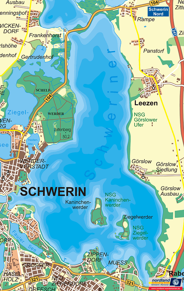 Landkarte vom Schweriner Innensee mit Schwerin, Rampe, Grslow, Leezen