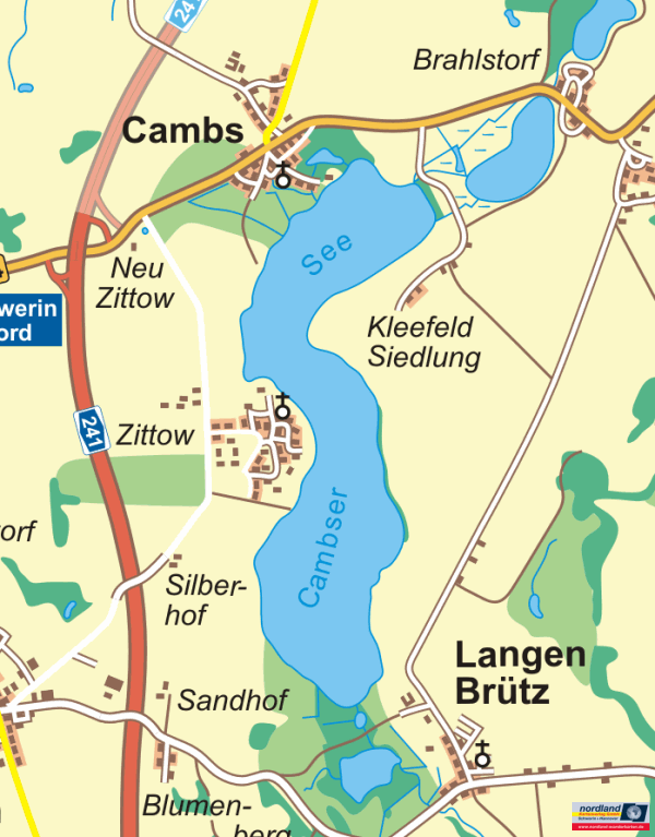 Landkarte mit dem Cambser See - Cambs, Zittow Langen Brtz und Kleefeld