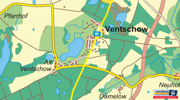 Landkarte von Ventschow in Mecklenburg, mit Alt Ventschow und Dmelow