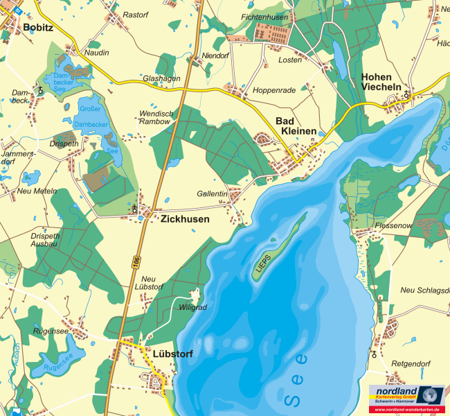 Landkarte Schweriner See mit Zickhusen, Bad Kleinen, Hohen Viecheln, Bobitz