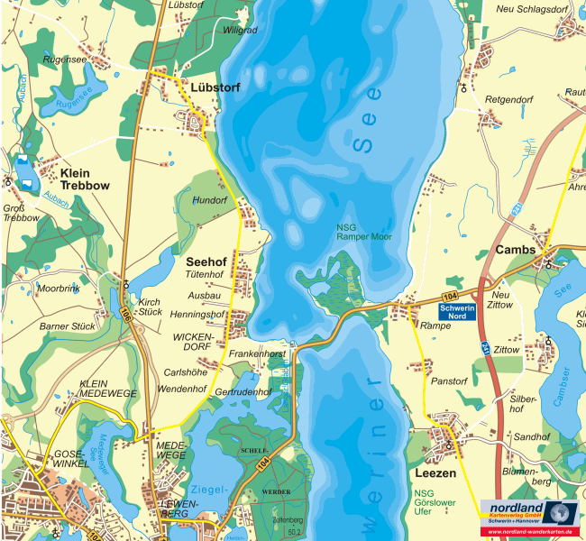 Landkarte Schweriner See mit Lübstorf, Klein Trebbow, Seehof, Cambs