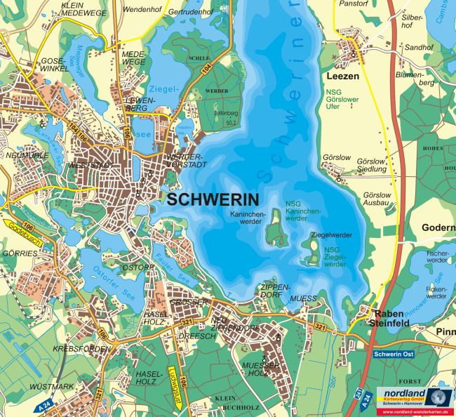 Landkarte Schweriner Innensee mit  Schwerin Leezen Raben-Steinfeld