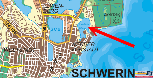 Landkarte von Schwerin mit dem Heidensee