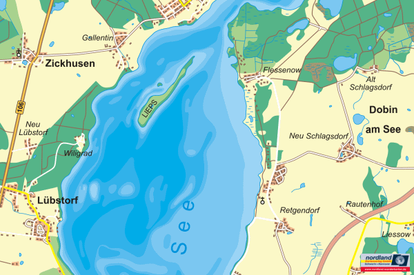 Landkarte von der Insel Lieps im Schweriner See mit Lbstorf, Bad Kleinen und Dobbin am See