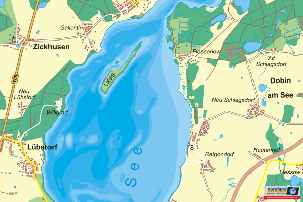 Landkarte von der Insel Lieps im Schweriner See mit Lübstorf, Bad Kleinen und Dobbin am See