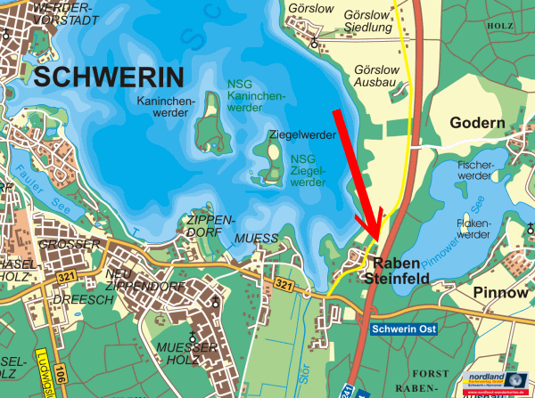 Landkarte von Raben Steinfeld am Schweriner See