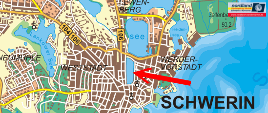Landkarte mit dem Pfaffenteich mitten in Schwerin