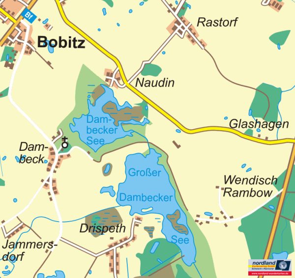 Landkarte mit Dambeck, Bobitz, Glashagen, Wendisch Rambow, Naudin, Drispeth